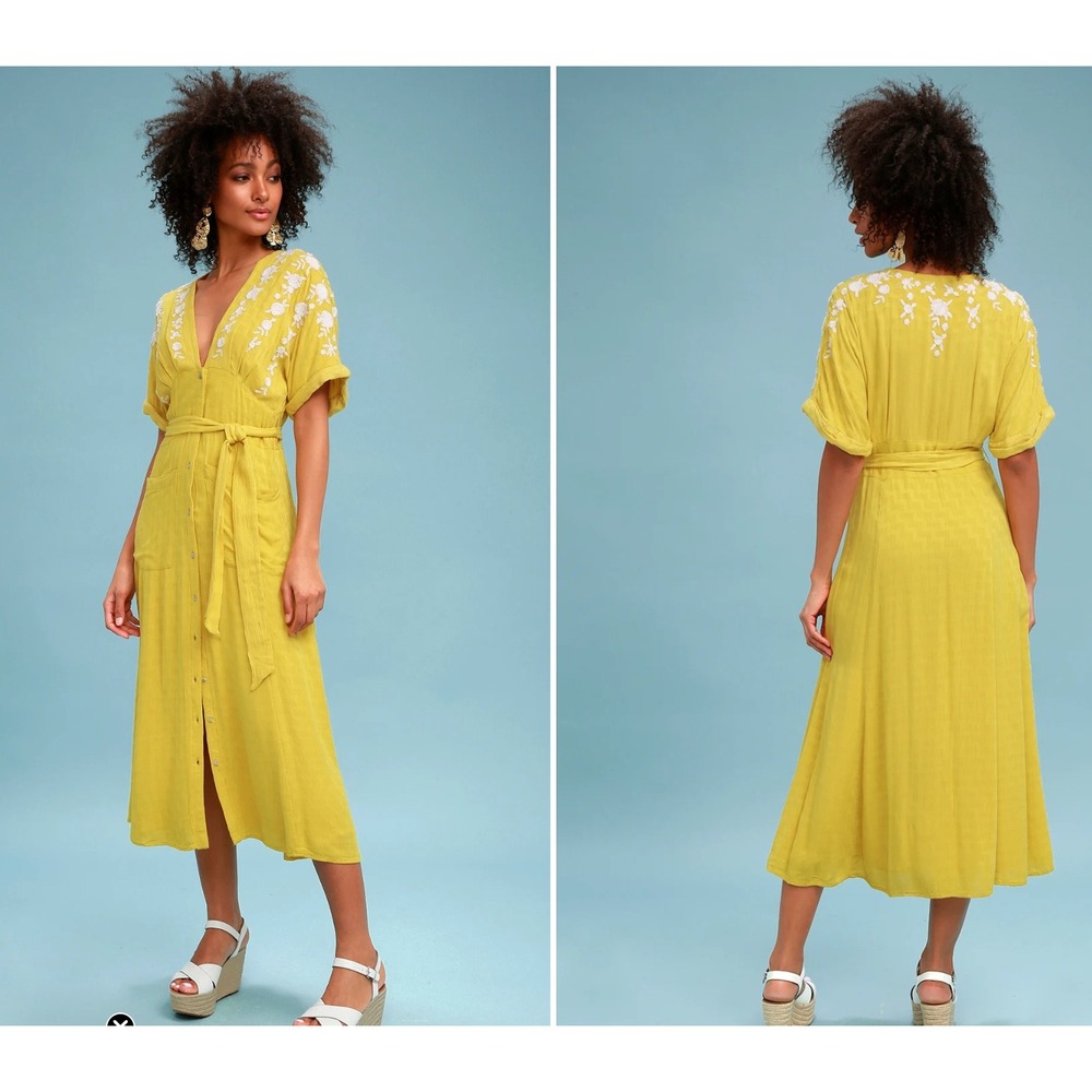 Free People Love To Love You Embroidered Button Midi Dress Mustard Yellow S